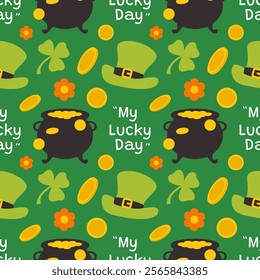 Saint Patrick's Day Seamless Pattern Design Featuring Decorative Elements in a Hand Drawn Cartoon Flat Style Illustration