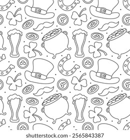 Saint Patrick's Day Seamless Pattern Design Featuring Decorative Elements in a Hand Drawn Cartoon Flat Style Illustration