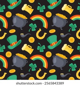 Saint Patrick's Day Seamless Pattern Design Featuring Decorative Elements in a Hand Drawn Cartoon Flat Style Illustration