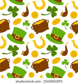 Saint Patrick's Day Seamless Pattern Design Featuring Decorative Elements in a Hand Drawn Cartoon Flat Style Illustration