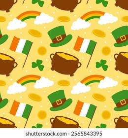 Saint Patrick's Day Seamless Pattern Design Featuring Decorative Elements in a Hand Drawn Cartoon Flat Style Illustration