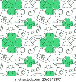 Saint Patrick's Day Seamless Pattern Design Featuring Decorative Elements in a Hand Drawn Cartoon Flat Style Illustration