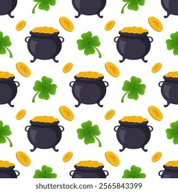 Saint Patrick's Day Seamless Pattern Design Featuring Decorative Elements in a Hand Drawn Cartoon Flat Style Illustration