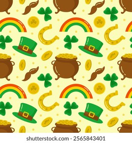 Saint Patrick's Day Seamless Pattern Design Featuring Decorative Elements in a Hand Drawn Cartoon Flat Style Illustration