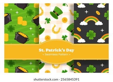 Saint Patrick's Day Seamless Pattern Design Featuring Decorative Elements in a Hand Drawn Cartoon Flat Style Illustration