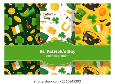 Saint Patrick's Day Seamless Pattern Design Featuring Decorative Elements in a Hand Drawn Cartoon Flat Style Illustration