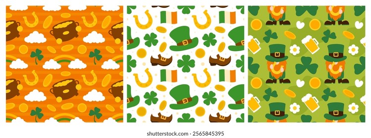 Saint Patrick's Day Seamless Pattern Design Featuring Decorative Elements in a Hand Drawn Cartoon Flat Style Illustration