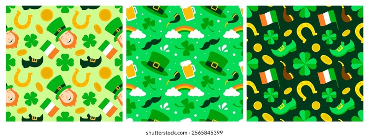 Saint Patrick's Day Seamless Pattern Design Featuring Decorative Elements in a Hand Drawn Cartoon Flat Style Illustration