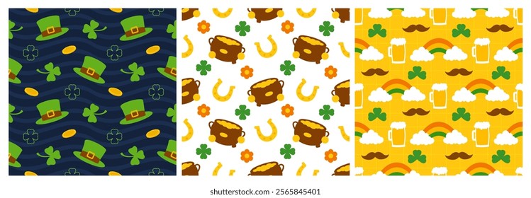 Saint Patrick's Day Seamless Pattern Design Featuring Decorative Elements in a Hand Drawn Cartoon Flat Style Illustration