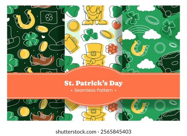 Saint Patrick's Day Seamless Pattern Design Featuring Decorative Elements in a Hand Drawn Cartoon Flat Style Illustration