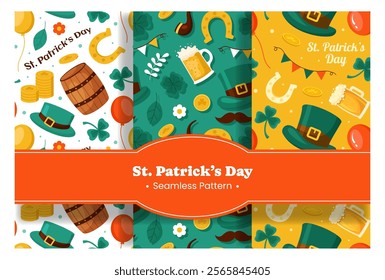 Saint Patrick's Day Seamless Pattern Design Featuring Decorative Elements in a Hand Drawn Cartoon Flat Style Illustration