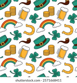 Saint Patrick's Day Seamless Pattern Design Featuring Hand Drawn Decorative Elements in a Cartoon Flat Style Illustration