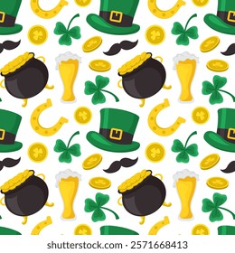 Saint Patrick's Day Seamless Pattern Design Featuring Hand Drawn Decorative Elements in a Cartoon Flat Style Illustration