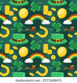 Saint Patrick's Day Seamless Pattern Design Featuring Hand Drawn Decorative Elements in a Cartoon Flat Style Illustration