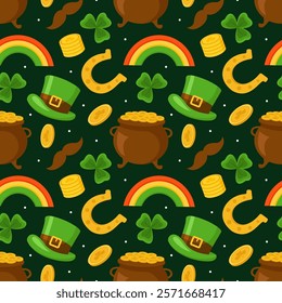 Saint Patrick's Day Seamless Pattern Design Featuring Hand Drawn Decorative Elements in a Cartoon Flat Style Illustration