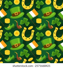 Saint Patrick's Day Seamless Pattern Design Featuring Hand Drawn Decorative Elements in a Cartoon Flat Style Illustration