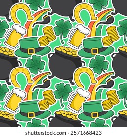 Saint Patrick's Day Seamless Pattern Design Featuring Hand Drawn Decorative Elements in a Cartoon Flat Style Illustration