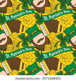 Saint Patrick's Day Seamless Pattern Design Featuring Hand Drawn Decorative Elements in a Cartoon Flat Style Illustration