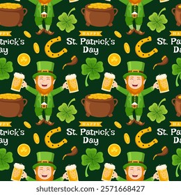 Saint Patrick's Day Seamless Pattern Design Featuring Hand Drawn Decorative Elements in a Cartoon Flat Style Illustration