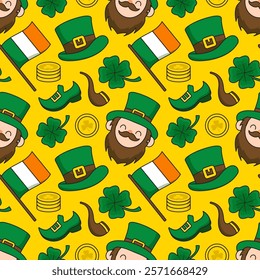 Saint Patrick's Day Seamless Pattern Design Featuring Hand Drawn Decorative Elements in a Cartoon Flat Style Illustration