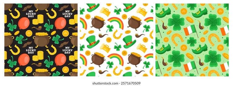 Saint Patrick's Day Seamless Pattern Design Featuring Hand Drawn Decorative Elements in a Cartoon Flat Style Illustration