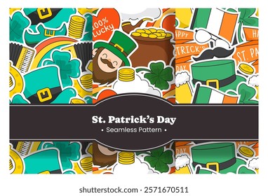 Saint Patrick's Day Seamless Pattern Design Featuring Hand Drawn Decorative Elements in a Cartoon Flat Style Illustration