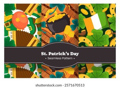 Saint Patrick's Day Seamless Pattern Design Featuring Hand Drawn Decorative Elements in a Cartoon Flat Style Illustration