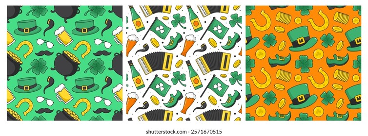 Saint Patrick's Day Seamless Pattern Design Featuring Hand Drawn Decorative Elements in a Cartoon Flat Style Illustration