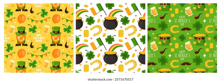 Saint Patrick's Day Seamless Pattern Design Featuring Hand Drawn Decorative Elements in a Cartoon Flat Style Illustration