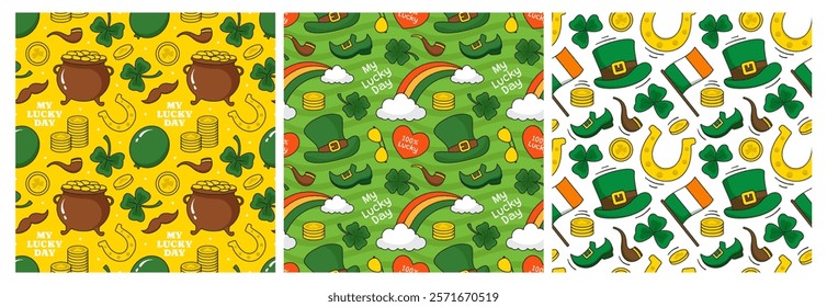 Saint Patrick's Day Seamless Pattern Design Featuring Hand Drawn Decorative Elements in a Cartoon Flat Style Illustration