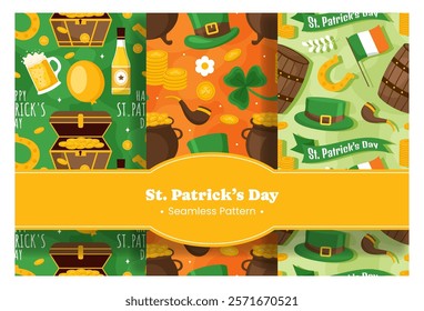 Saint Patrick's Day Seamless Pattern Design Featuring Hand Drawn Decorative Elements in a Cartoon Flat Style Illustration