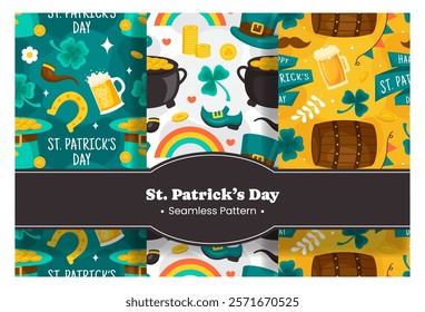 Saint Patrick's Day Seamless Pattern Design Featuring Hand Drawn Decorative Elements in a Cartoon Flat Style Illustration