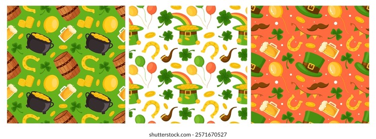 Saint Patrick's Day Seamless Pattern Design Featuring Hand Drawn Decorative Elements in a Cartoon Flat Style Illustration