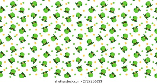 Patrón sin fisuras del día de San Patricio con sombreros de duende y hojas de trébol verde sobre blanco. Ilustración de vacaciones de Vector, fondo irlandés repetitivo, Elementos festivos aislados.