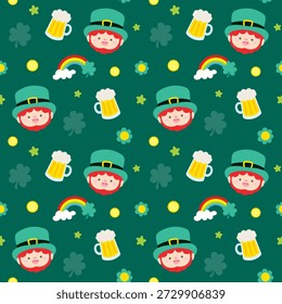 Saint patricks day seamless pattern with cute leprechaun, beer and rainbow.