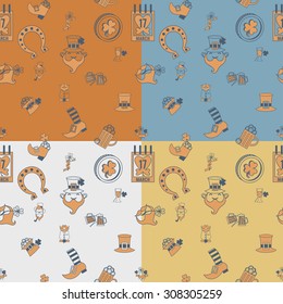 Saint Patricks Day Seamless Pattern. Four Background in Different Colors. Vector. Clean Work Minimum Points