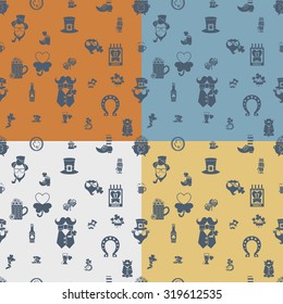 Saint Patricks Day Seamless Pattern. Four Background in Different Colors. Vector. Clean Work Minimum Points