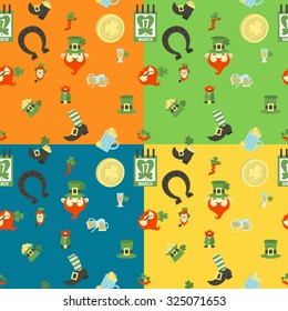 Saint Patricks Day Seamless Pattern. Four Background in Different Colors. Vector. Clean Work Minimum Points