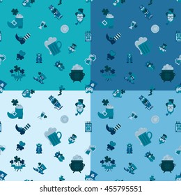 Saint Patricks Day Seamless Pattern. Four Background in Different Colors. Vector. Clean Work Minimum Points