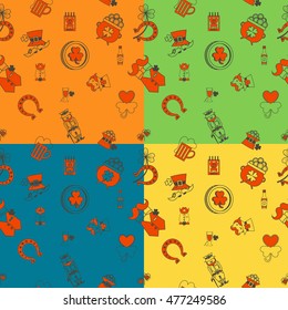 Saint Patricks Day Seamless Pattern. Four Background in Different Colors. Vector. Clean Work Minimum Points