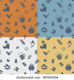 Saint Patricks Day Seamless Pattern. Four Background in Different Colors. Vector. Clean Work Minimum Points
