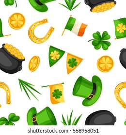 Saint Patricks Day seamless pattern. Flag Ireland, pot of gold coins, shamrocks, green hat and horseshoe.