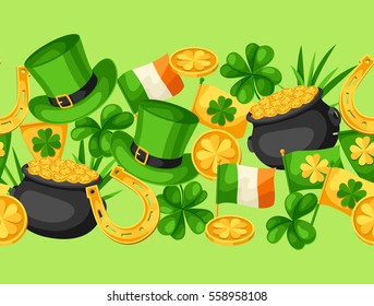 Saint Patricks Day seamless pattern. Flag Ireland, pot of gold coins, shamrocks, green hat and horseshoe.
