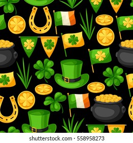 Saint Patricks Day seamless pattern. Flag Ireland, pot of gold coins, shamrocks, green hat and horseshoe.