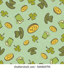 Saint Patrick's Day Seamless Pattern With Coins, Cover, Beer mug And Leprechaun Hat