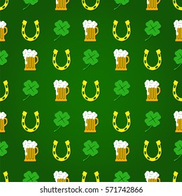 Saint Patricks Day seamless pattern on green background. Foamy mug of beer, four-leaf clover, good luck horseshoe. Cute cartoon design. Vector illustration.