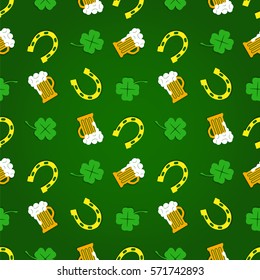 Saint Patricks Day seamless pattern on green background. Foamy mug of beer, four-leaf clover, good luck horseshoe. Cute cartoon design. Vector illustration.