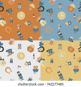 Saint Patricks Day Seamless Pattern. Four Background in Different Colors. Vector. Clean Work Minimum Points
