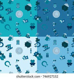 Saint Patricks Day Seamless Pattern. Four Background in Different Colors. Vector. Clean Work Minimum Points