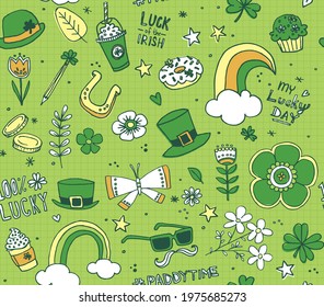 Saint Patrick's Day seamless vector pattern featuring notebook doodles of school age kids. Charms and treats to celebrate the luck o' the Irish.